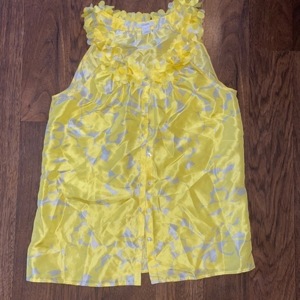 J Crew 100% Silk Yellow Sleeveless Blouse Ruffles sz 0